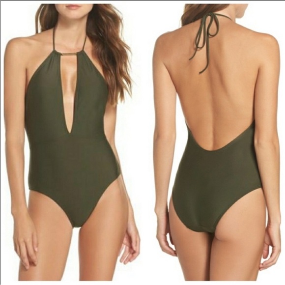 Ted Baker Olive Green Halter One-Piece Swimsuit